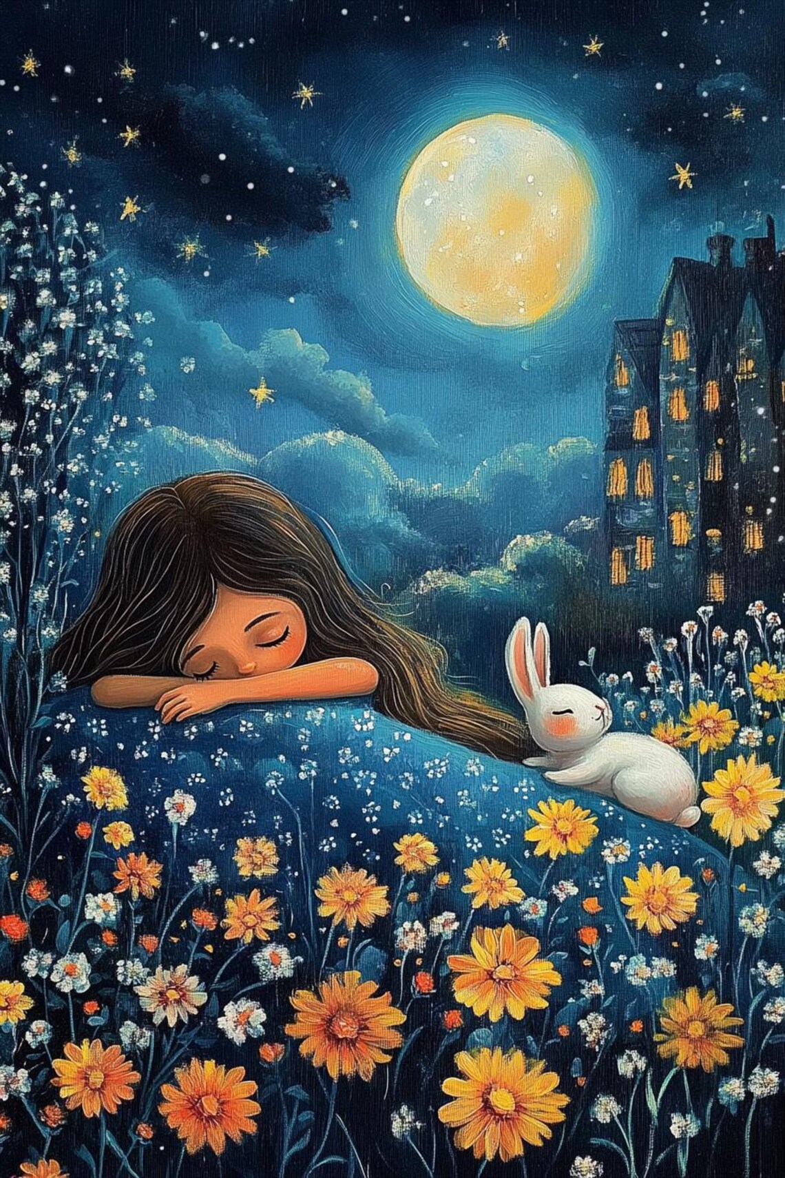 Sleeping Girl On Wildflower Hill Under Full Moon With Bunny Poster - Image 2
