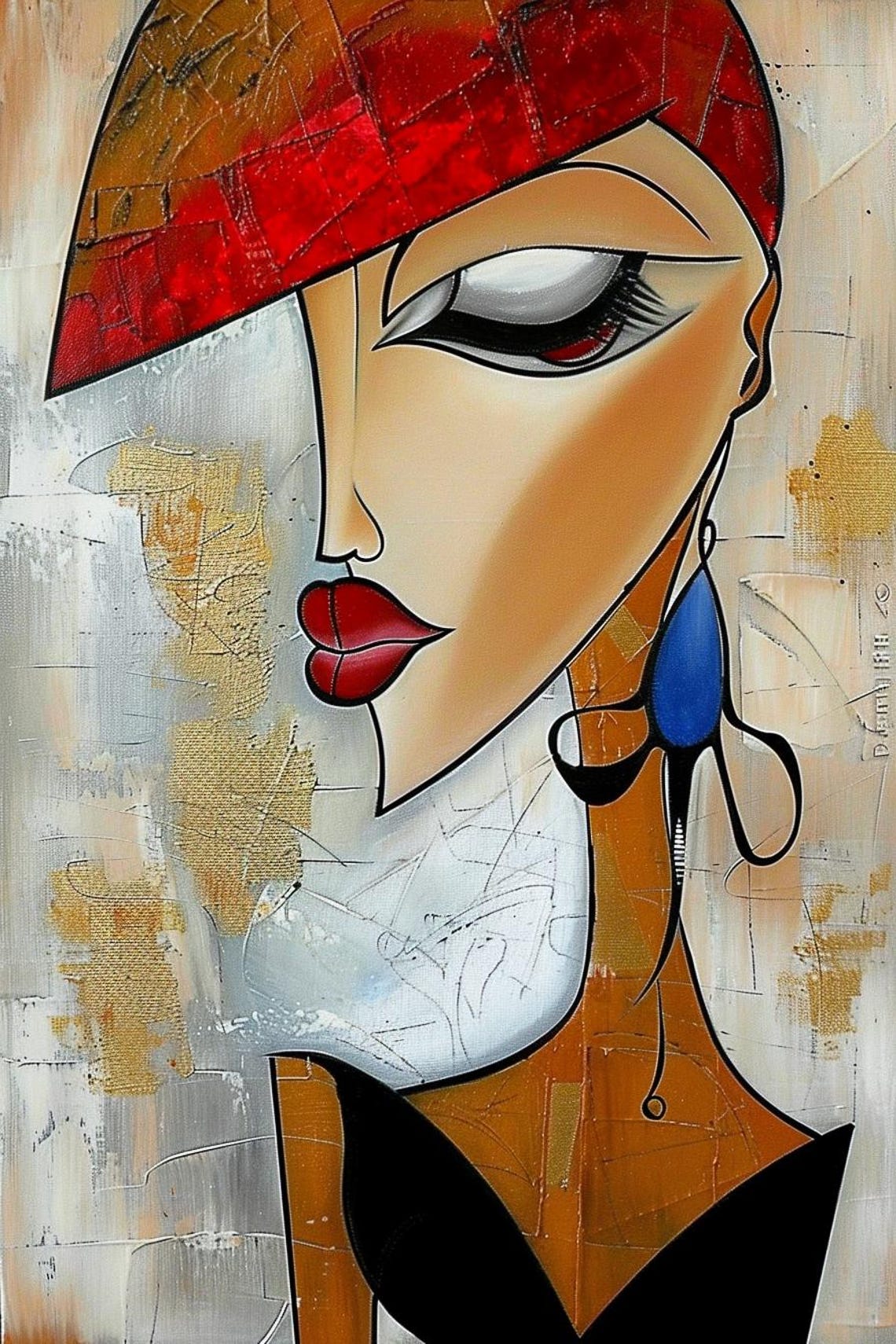 Abstract Woman Profile With Red Hat Picasso Style Modern Poster - Image 2