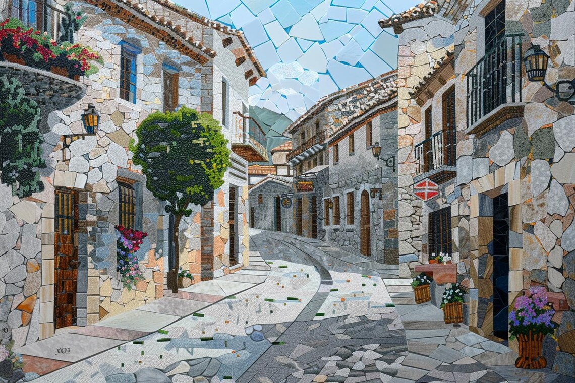Old Town Stone Street With Balconies Mosaic Europe Travel Poster - Image 2