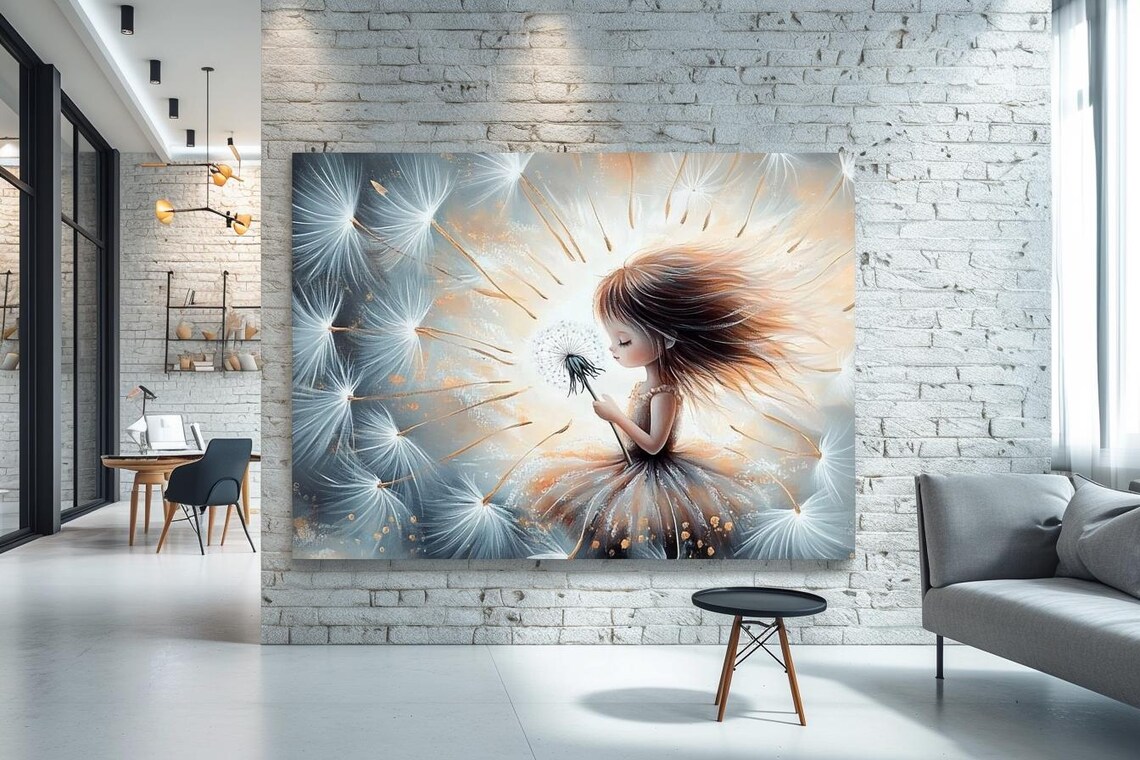 Girl Blowing Dandelion Seeds Dreamy Kids Room Wish Art Poster
