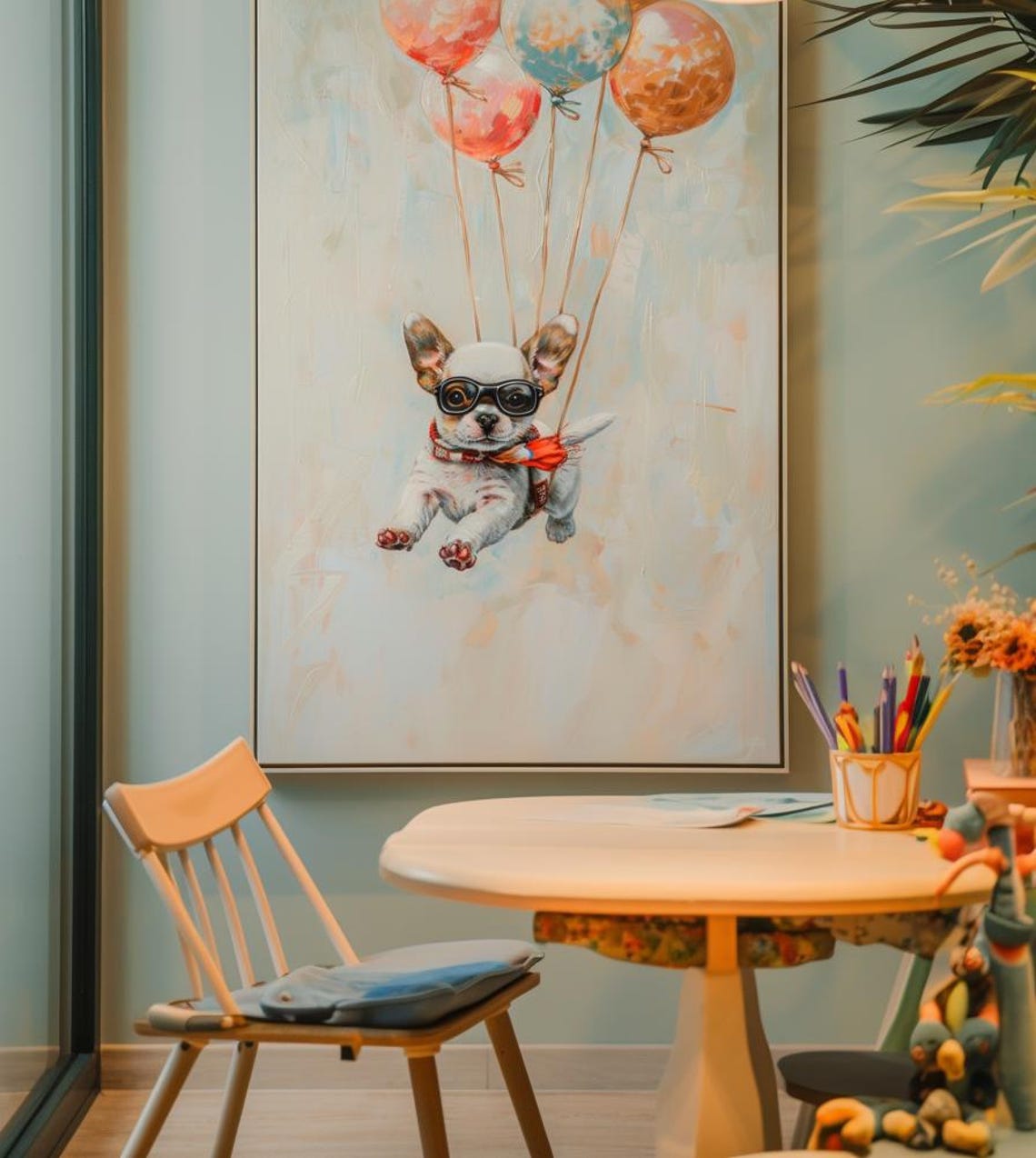 French Bulldog Puppy with Goggles Floating on Balloons Cute Poster