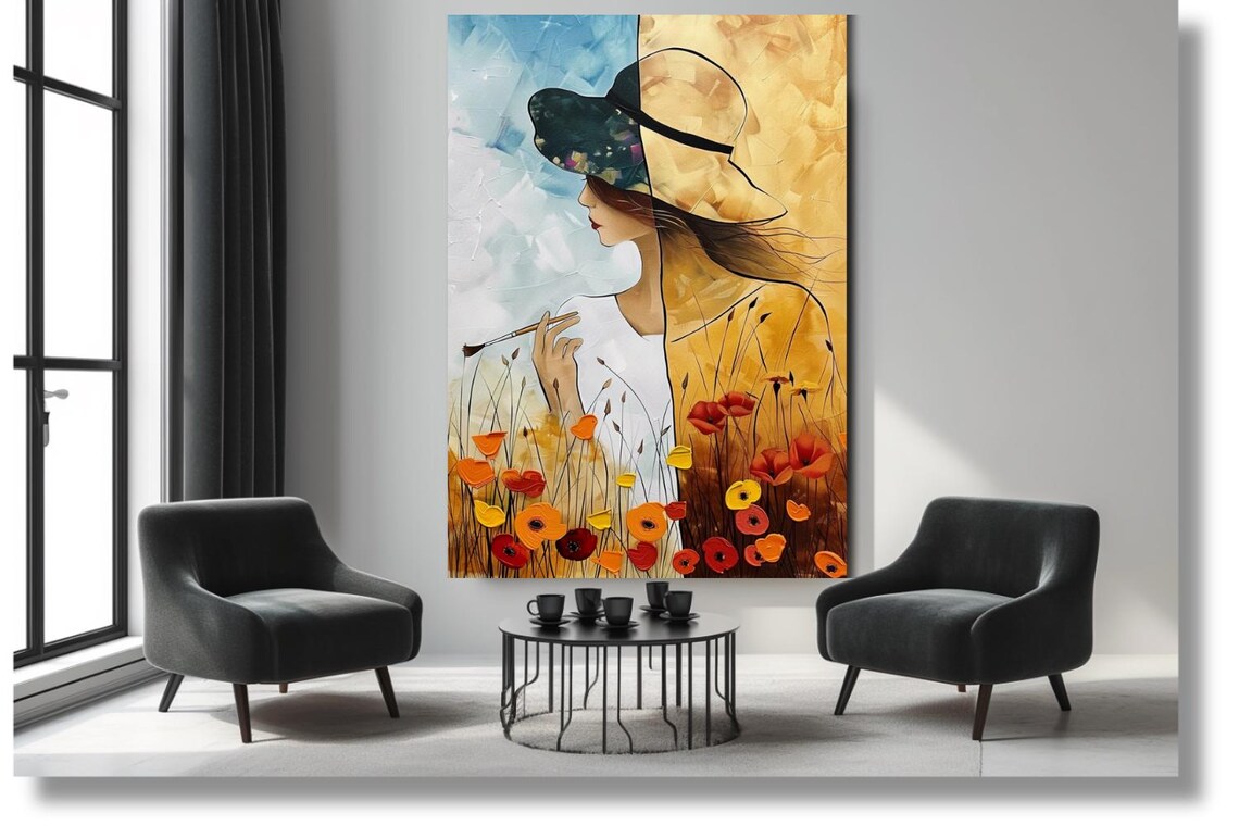 Woman Painter In Poppy Field Blue And Gold Split Portrait Poster