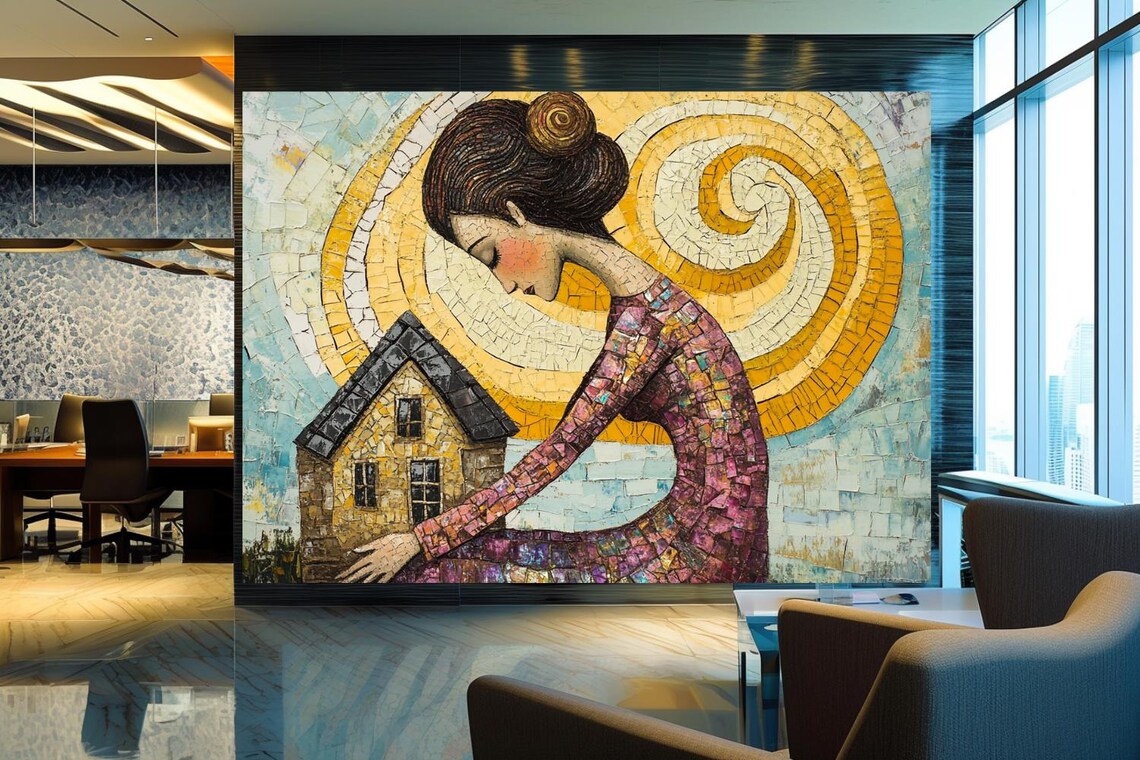 Woman Embracing Small House Golden Sun Mosaic Artwork Poster