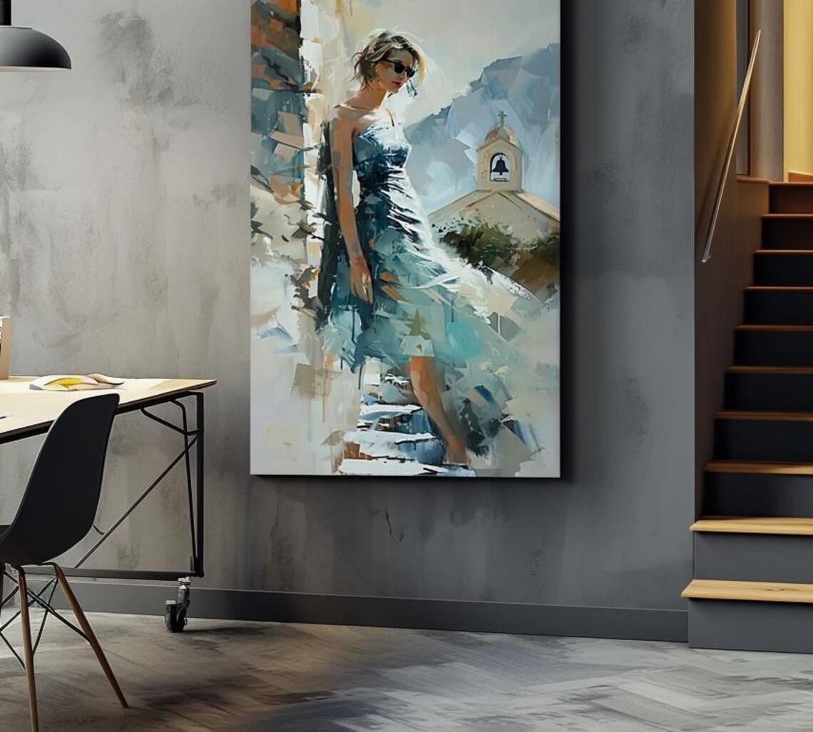 Woman in Blue Dress by a Village Church Bell Tower Painting Poster - Image 3