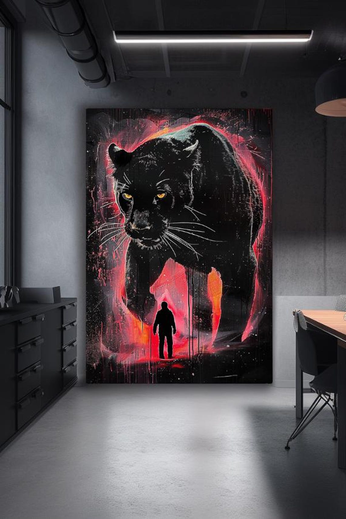 Black Panther Looming Over Tiny Figure In Red Neon Darkness Poster