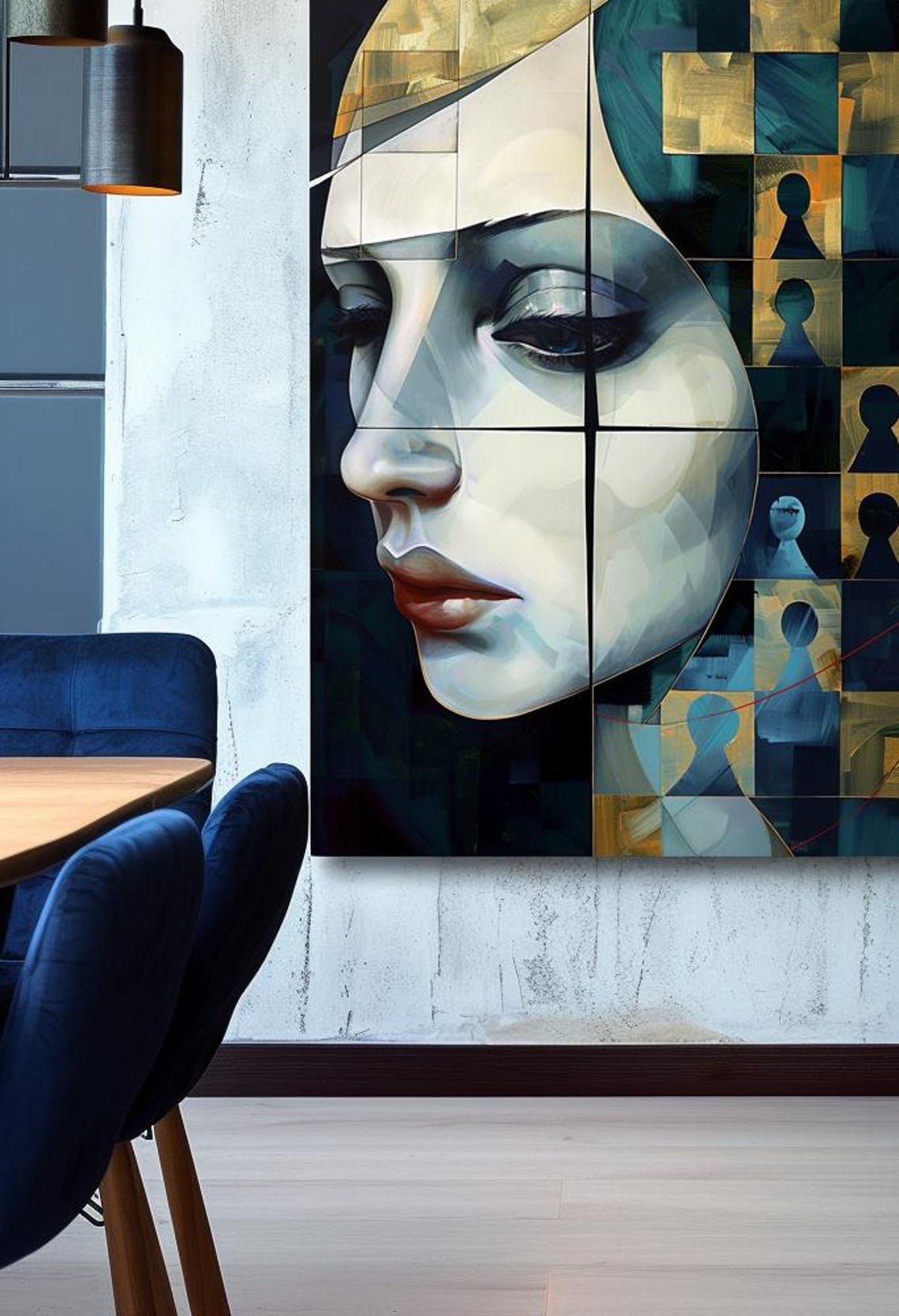 Fragmented Cubist Woman Face Keyhole Grid Modern Decor Art Poster - Image 2