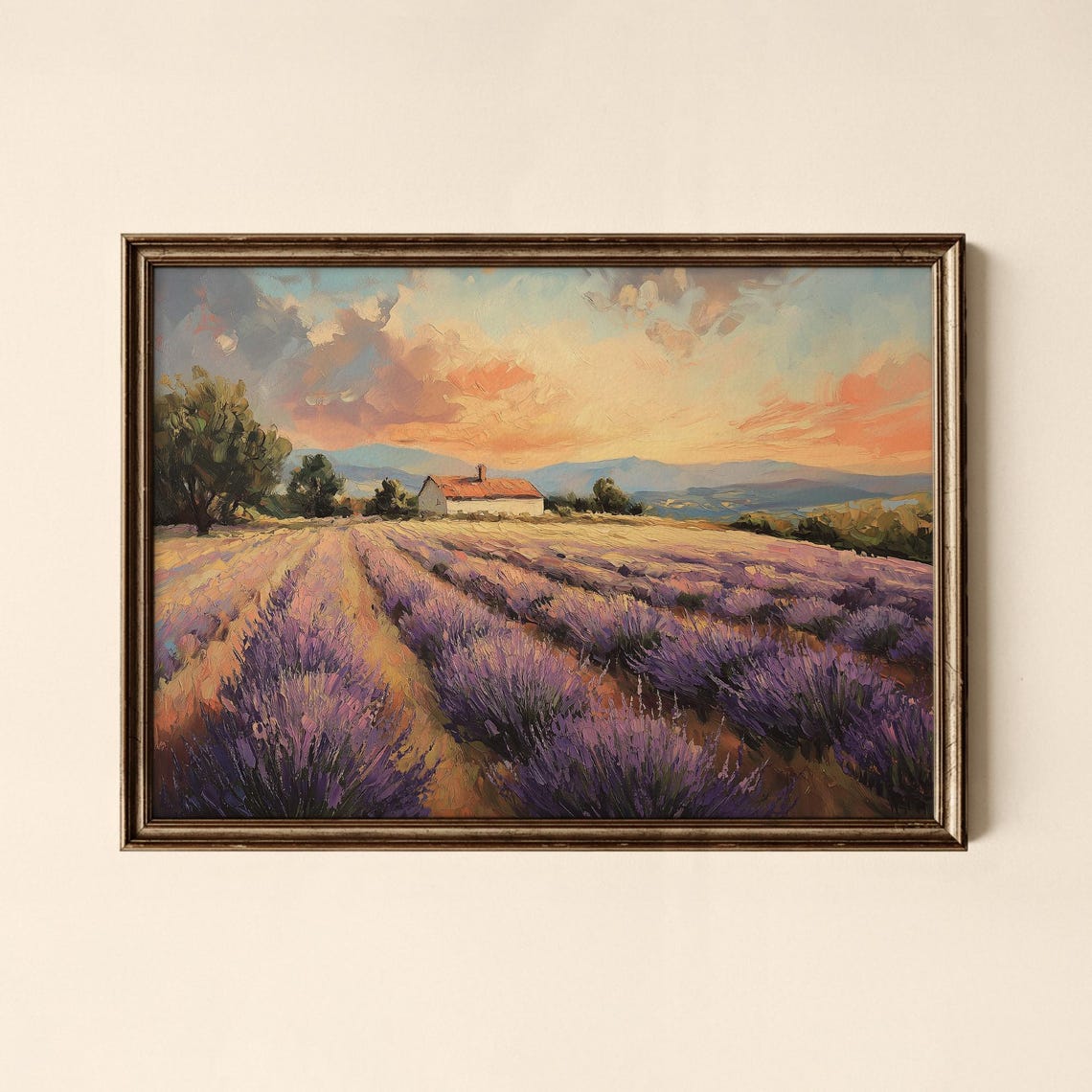 Lavender Field Sunset Farmhouse Vintage Landscape Art Poster