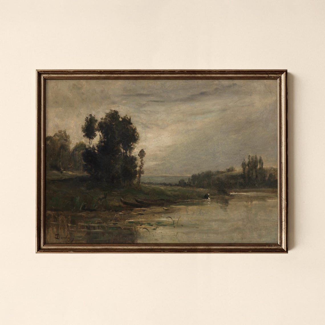 Vintage Riverside Scene Tranquil River Trees Oil Painting Print