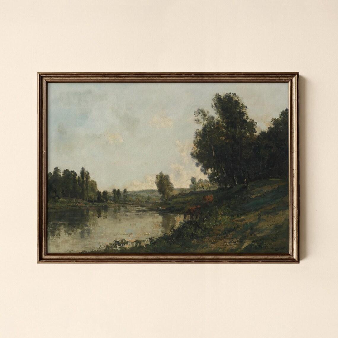 Vintage Riverside Landscape Trees Calm Water Pastoral Impressionist Poster