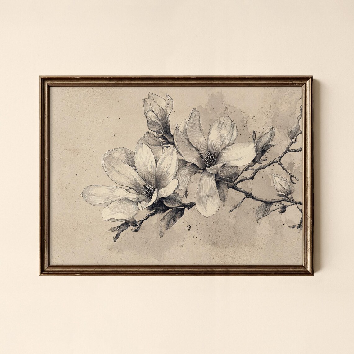 Magnolia Blossom Branch Vintage Botanical Sketch Monochrome Art Poster