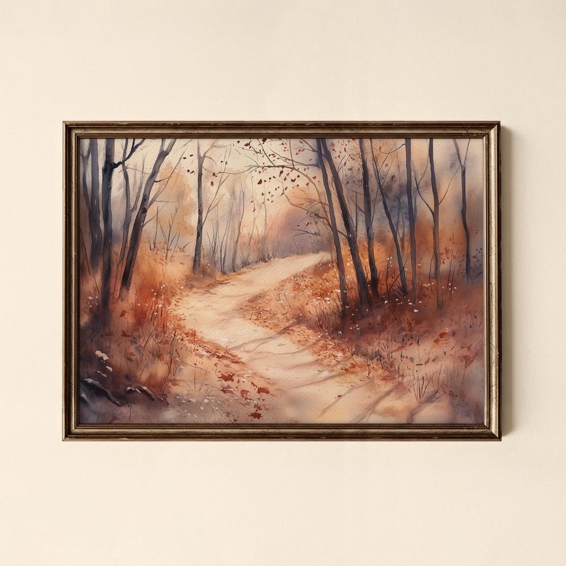 Autumn Forest Path Falling Leaves Moody Watercolor Landscape Poster