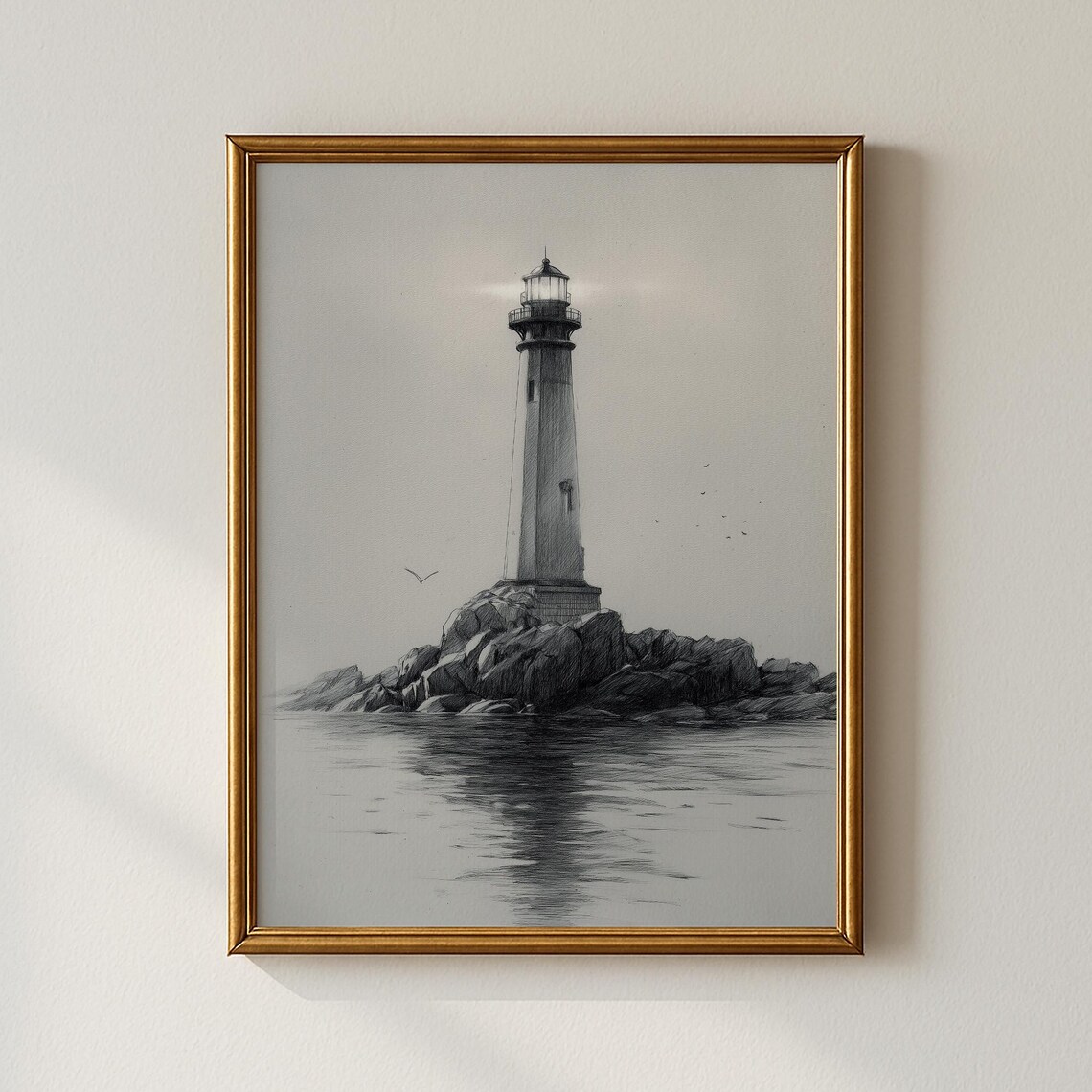 Moody Vintage Lighthouse on Rocky Island Monochrome Sketch Print