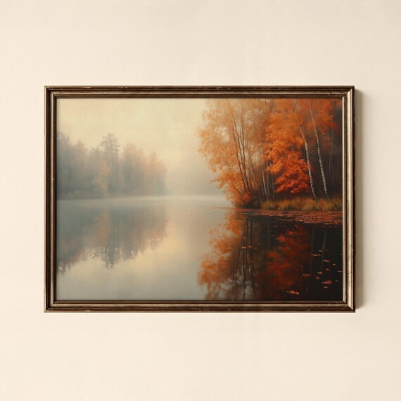 Misty Autumn Lake Orange Trees Mirror Reflection Nature Art Poster