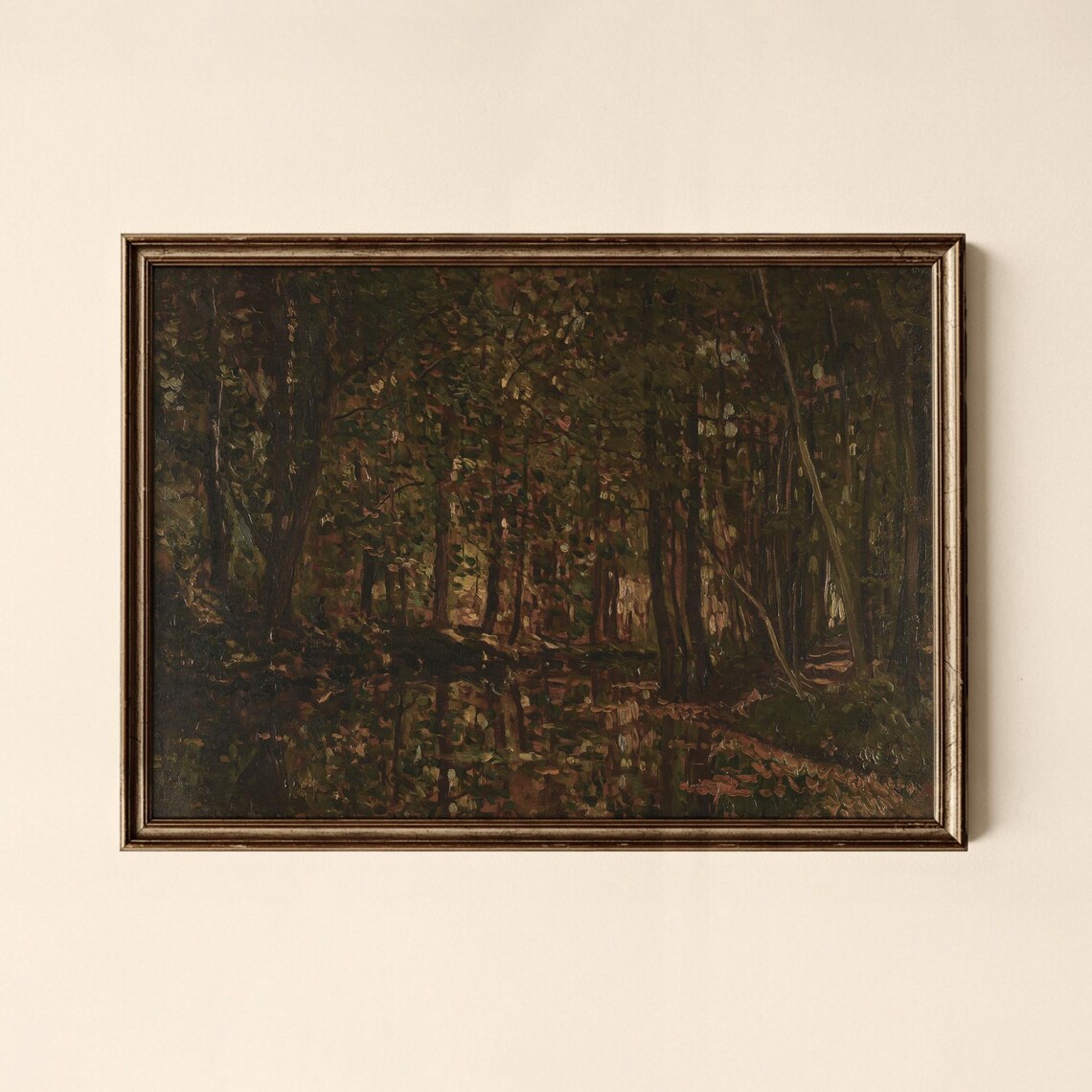 Dark Forest Stream Vintage Woodland Oil Painting Moody Art Print