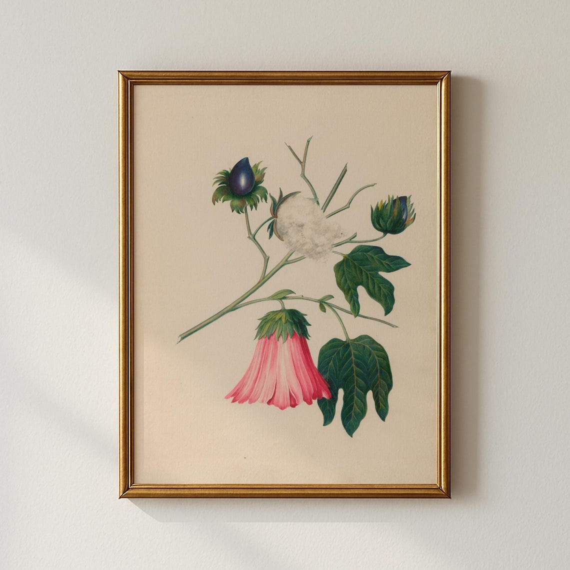 Soft Cotton Branch with Pink Bell Flower Vintage Botanical Print