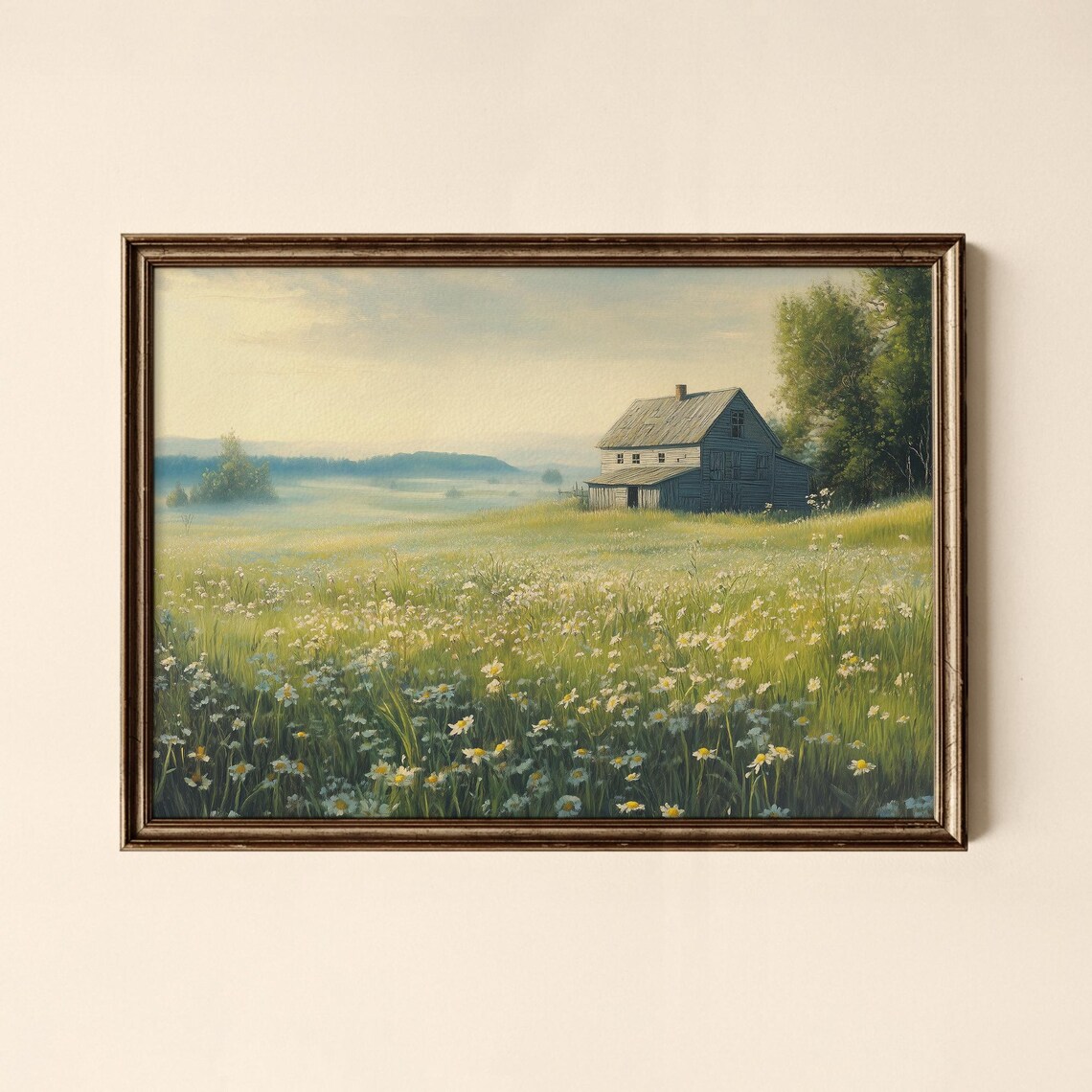 Misty Daisy Meadow Old Barn Farmhouse Morning Landscape Poster
