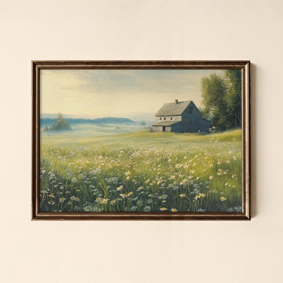 Misty Daisy Meadow Old Barn Farmhouse Morning Landscape Poster