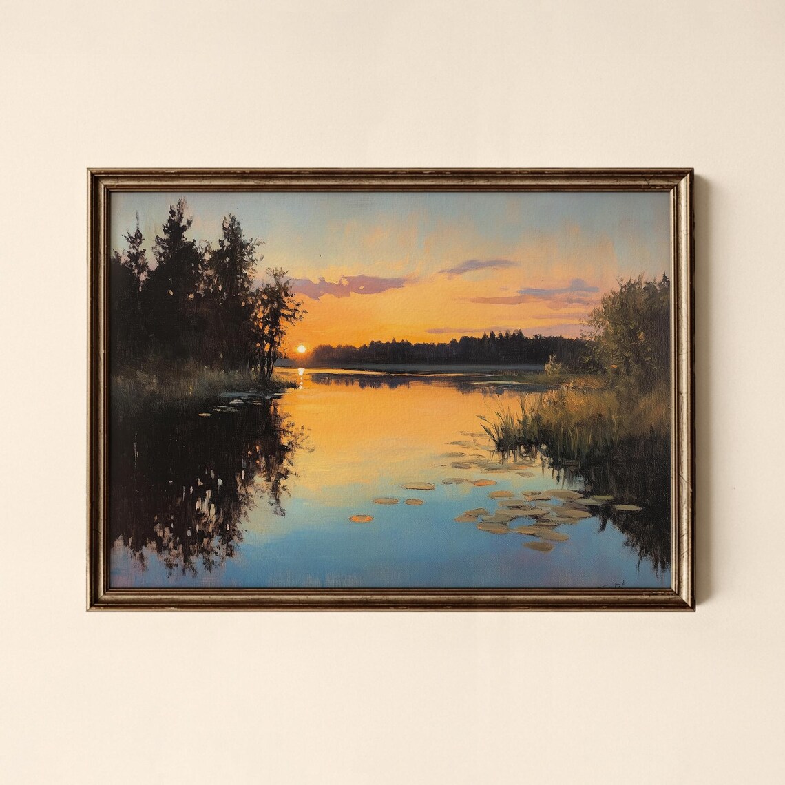 Golden Sunset Over Still Lake with Trees Landscape Oil Painting Print