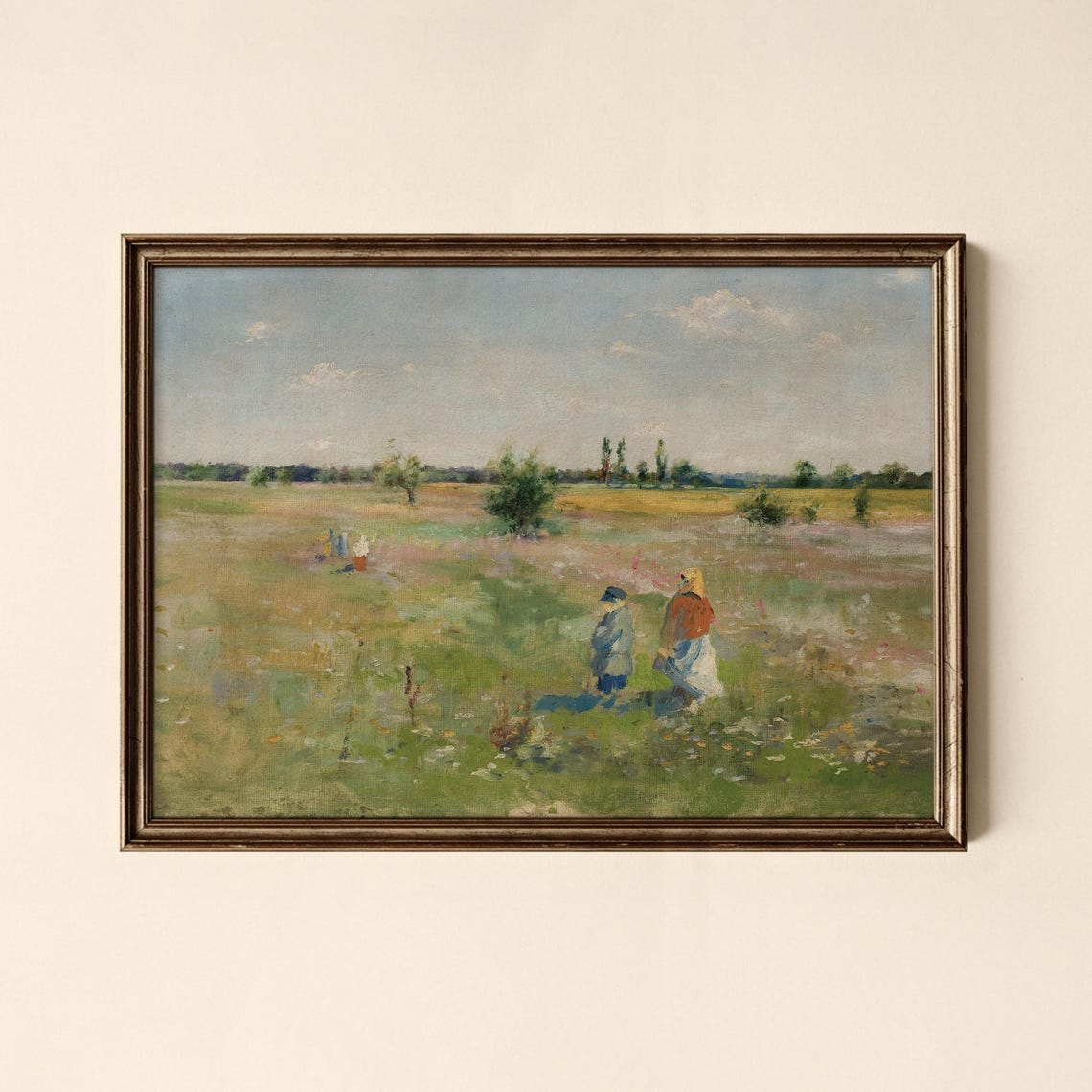 Vintage Spring Meadow with Figures Impressionist Landscape Print