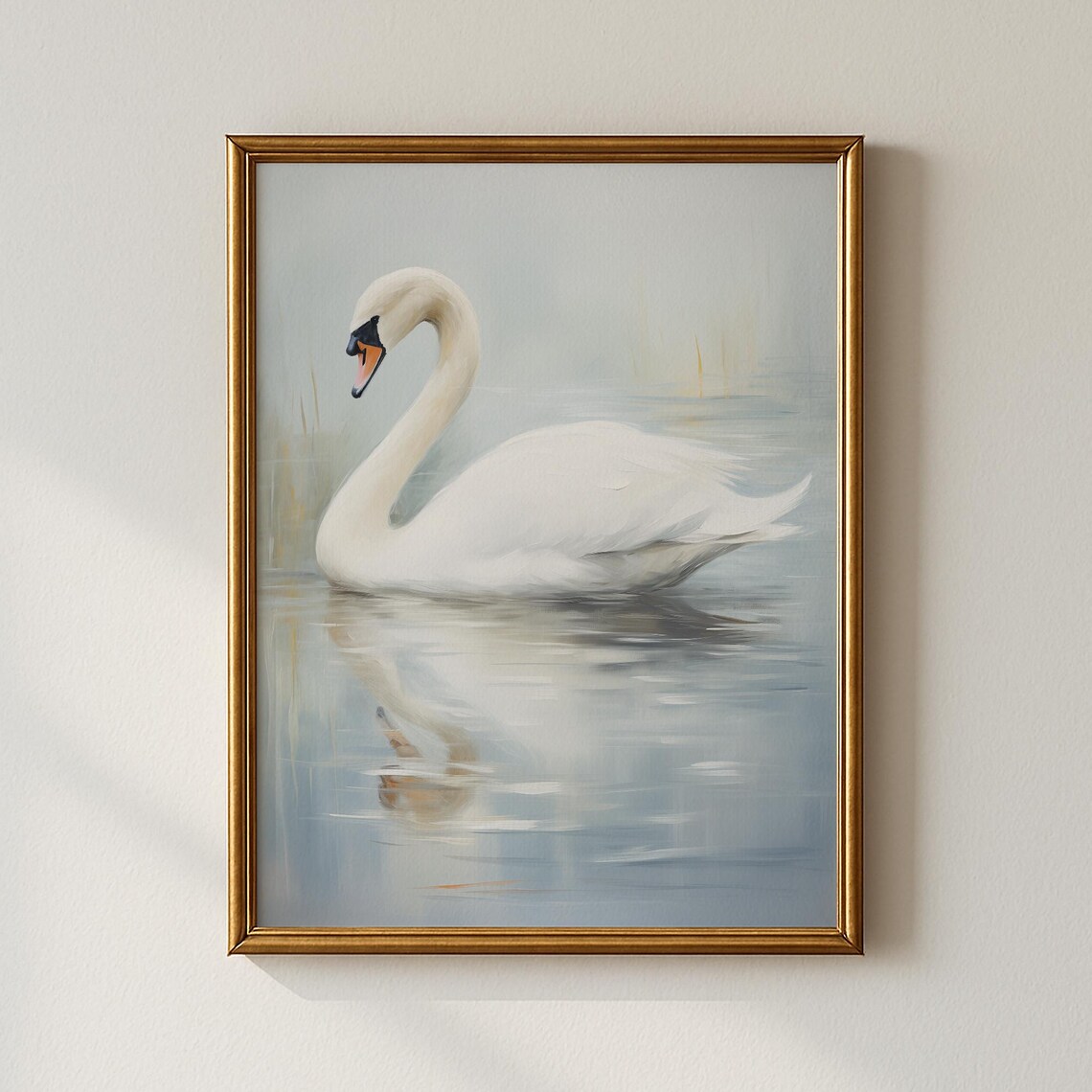 White Swan Misty Blue Lake Serene Elegant Wildlife Painting Poster