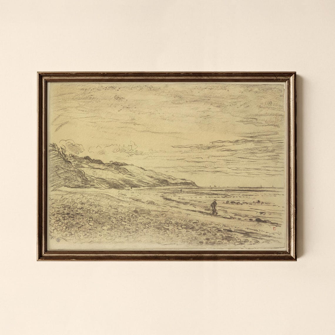 Vintage Coastal Beach Sketch Lone Seashore Figure Art Poster