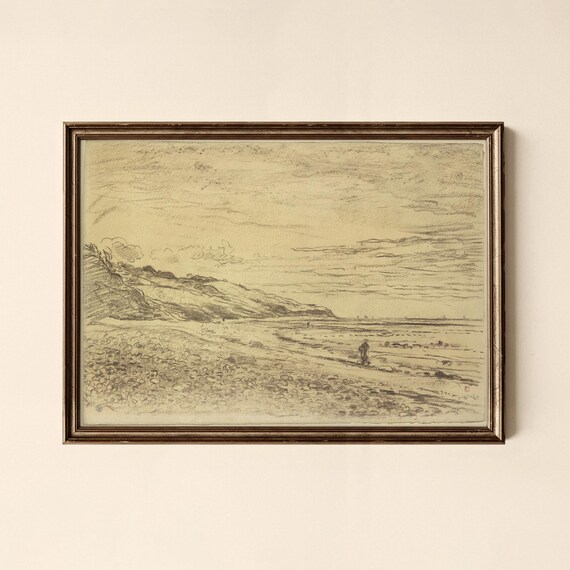 Vintage Coastal Beach Sketch Lone Seashore Figure Art Poster