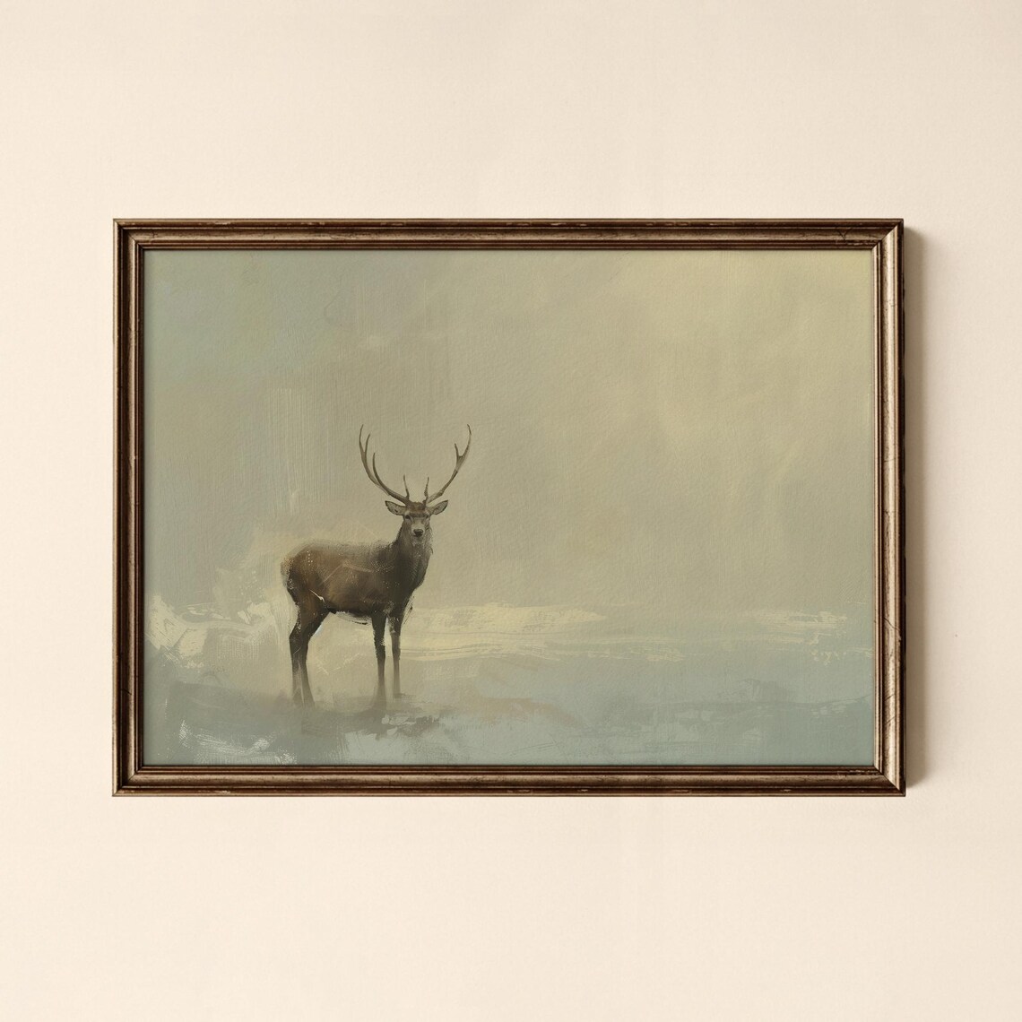 Misty Stag Standing In Fog Serene Deer Antlered Wildlife Print