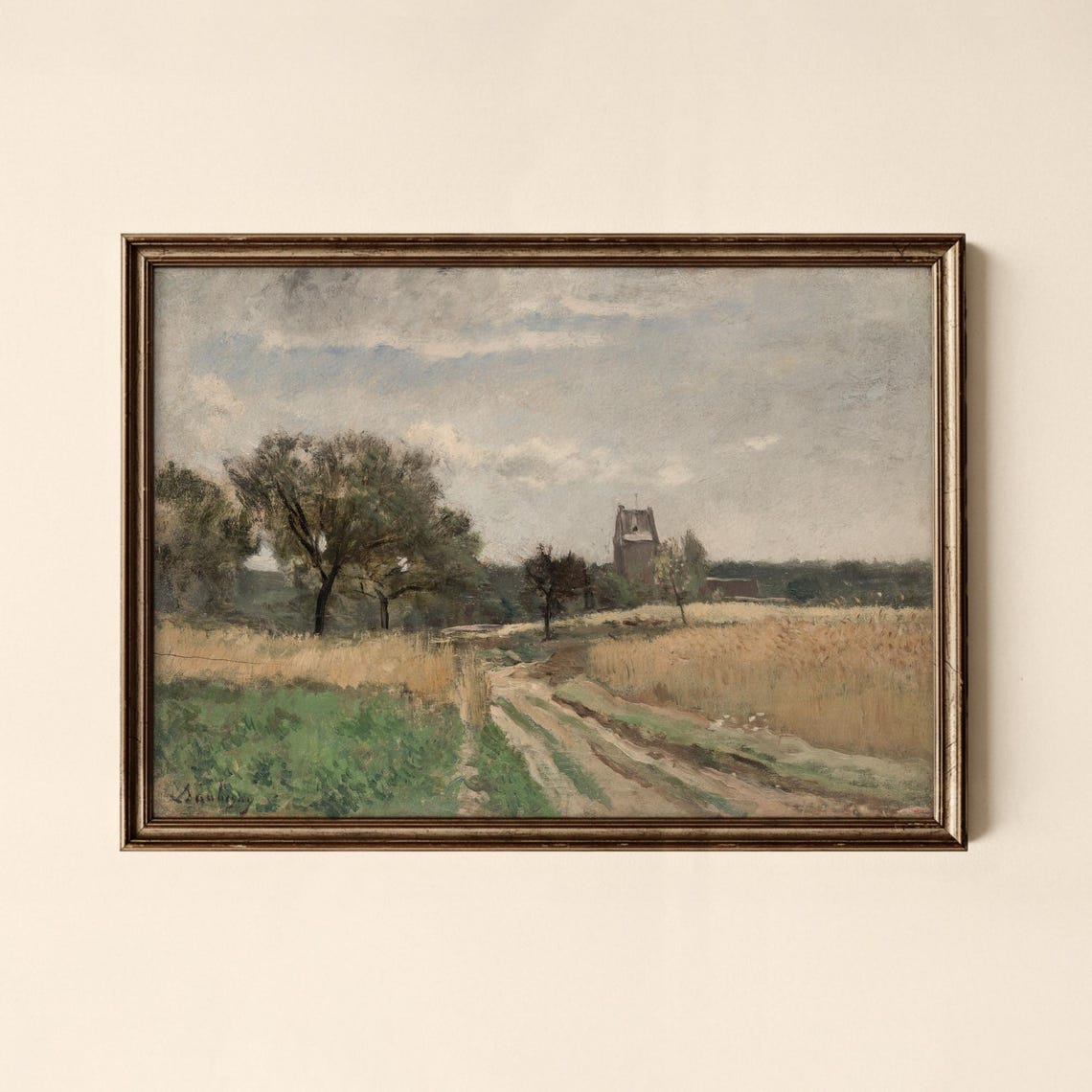 Windmill Wheat Field Country Path Vintage Countryside Painting Poster
