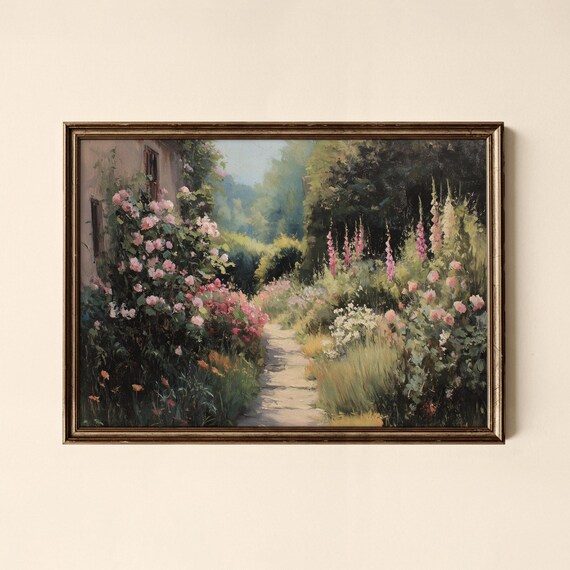 Cottage Garden Path with Blooming Roses Impressionist Art Poster