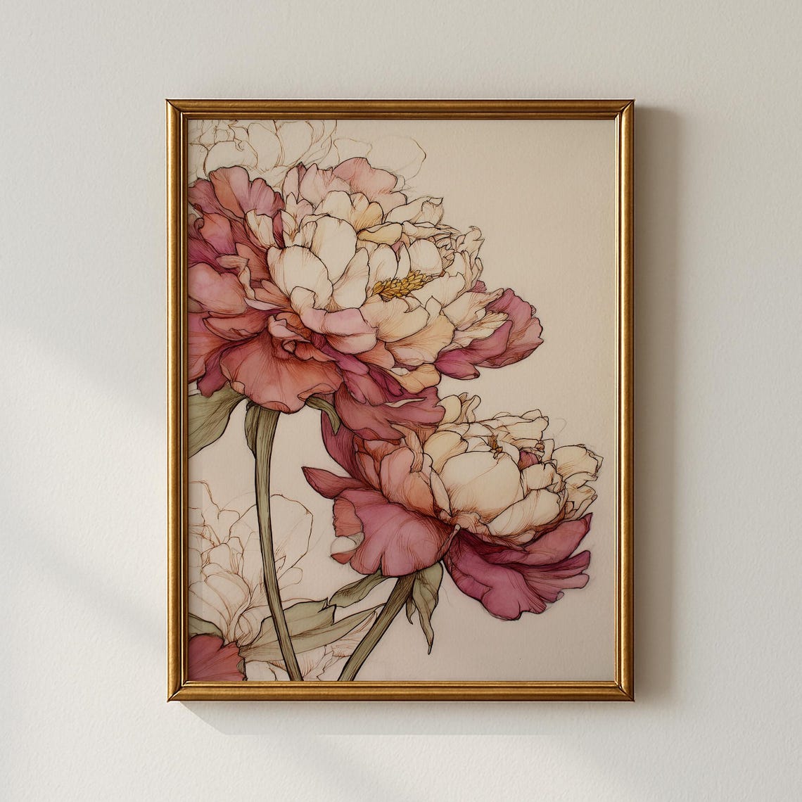 Blush Pink Peonies Botanical Vintage Floral Illustration Art Poster
