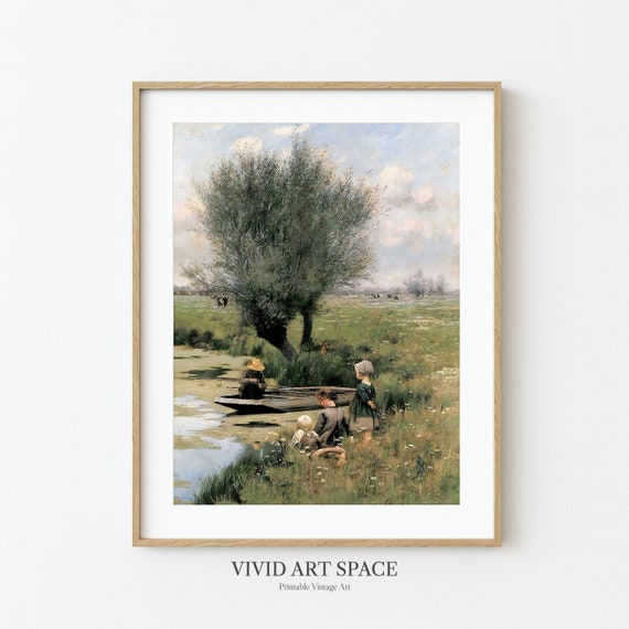 Afternoon Along The River Vintage Landscape Painting Print Rustic Country Art Print Printable Wall Art