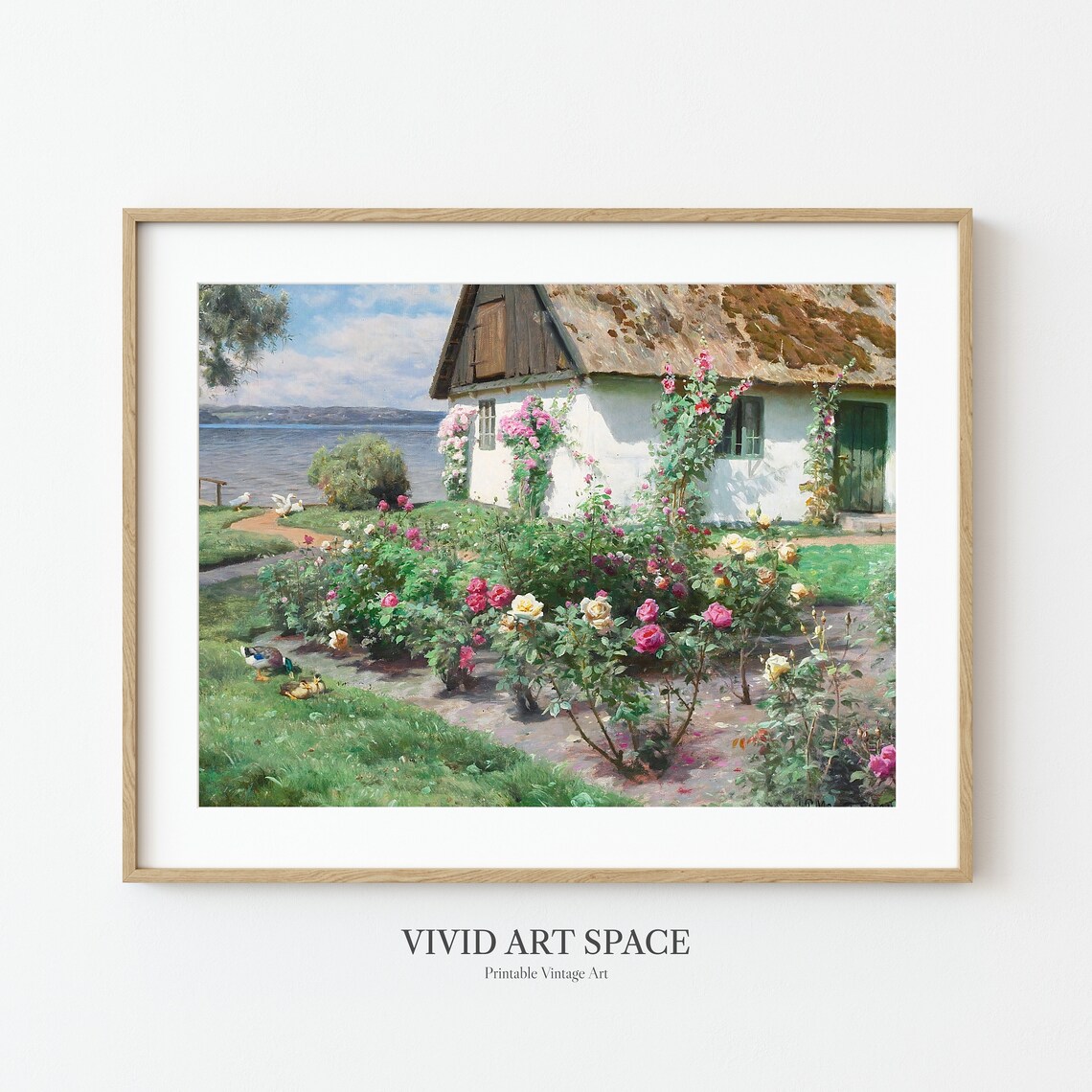 Roses Bloom At Thatched Cottage Garden Vintage Painting Poster - Image 3