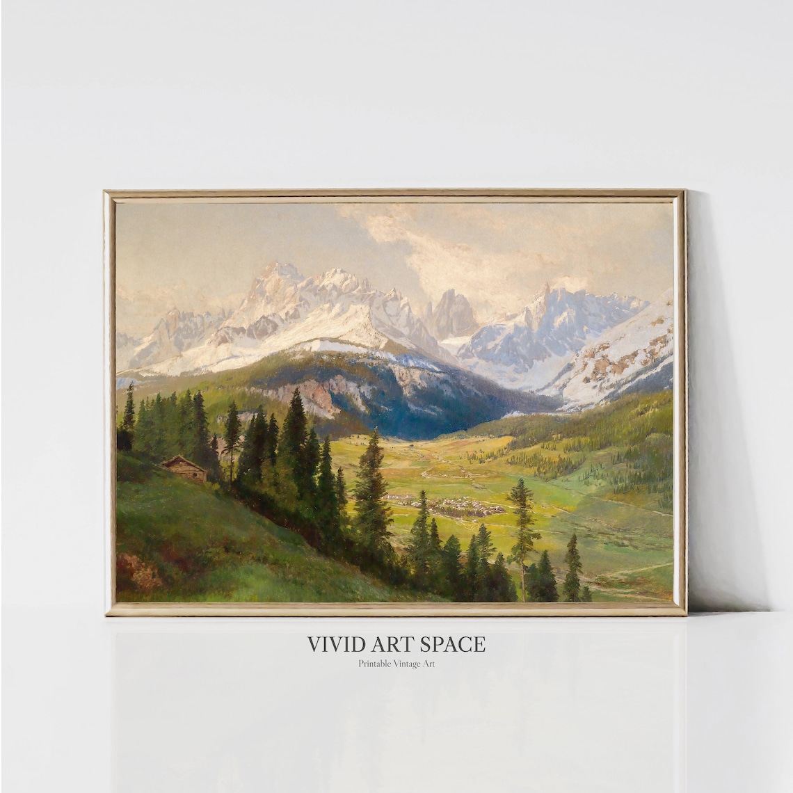 Snow Capped Alpine Mountain Valley Village Summer Vintage Poster - Image 3