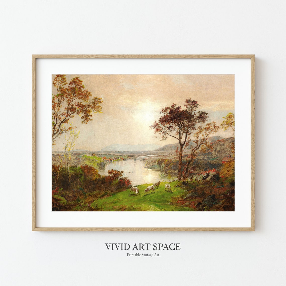 Autumn Valley Lake Landscape With Grazing Sheep Sunset Poster - Image 2