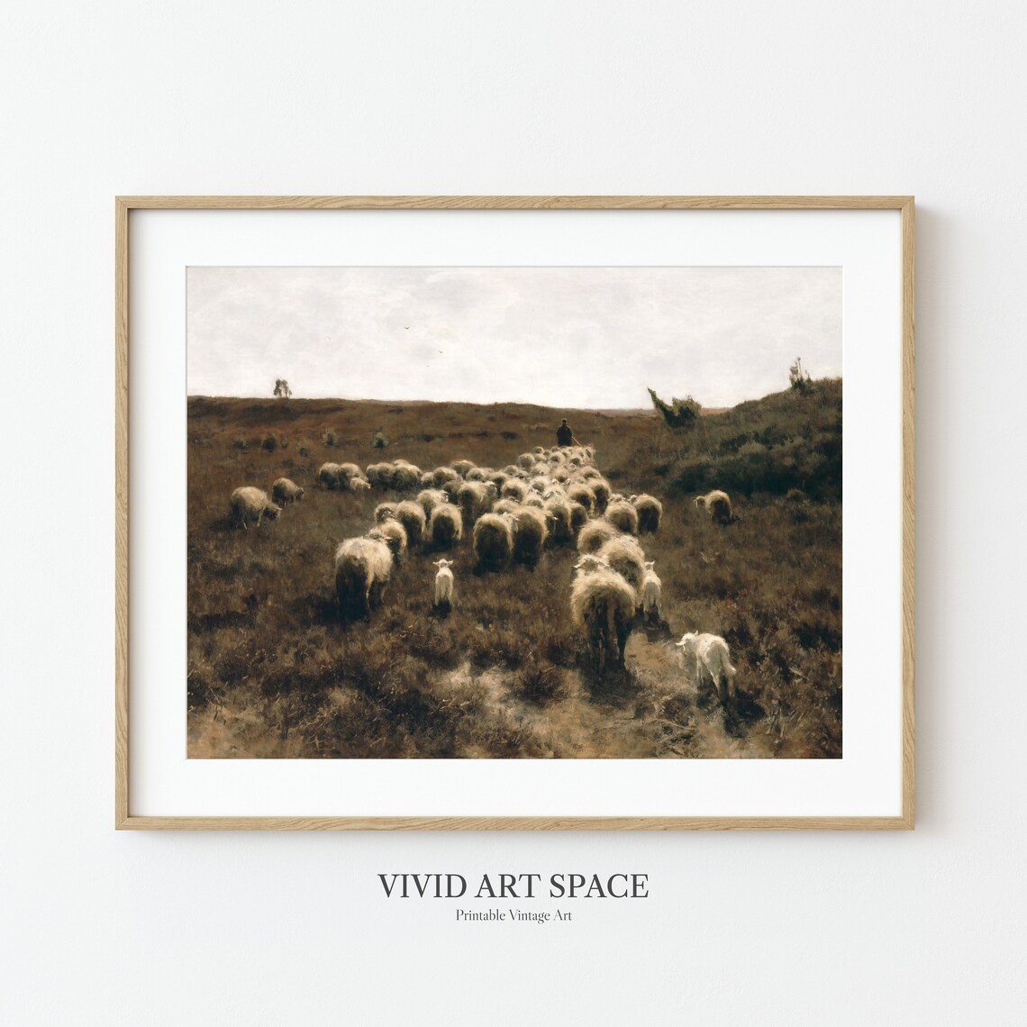 Vintage Sheep Flock Crossing Moody Brown Heathland Scene Poster - Image 2