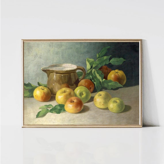 Country Kitchen Painting Apple Still Life Print Vintage Fruit Print Farmhouse Food Poster Printable Wall Art