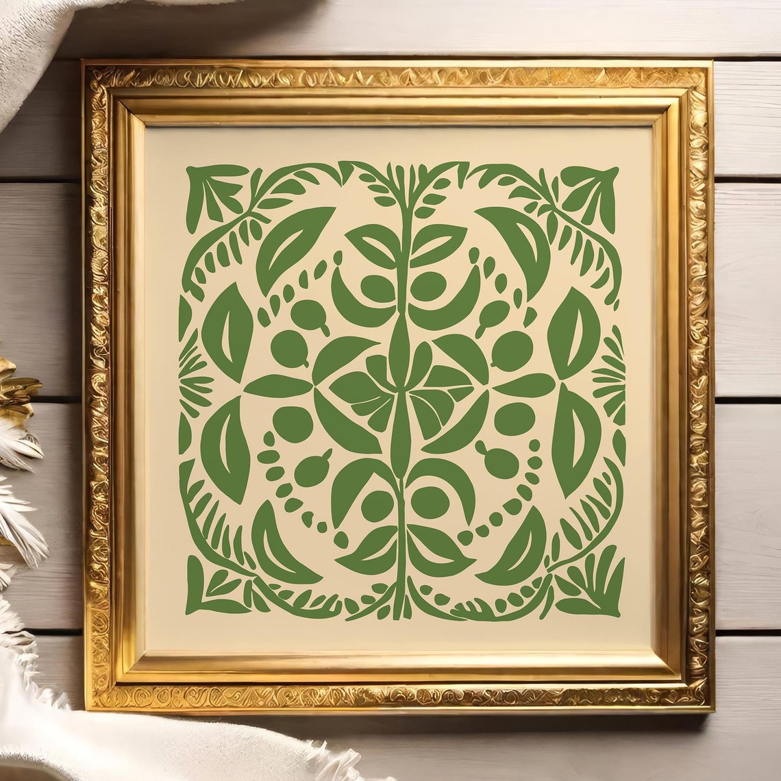 Green Cutout Botanical Symmetrical Square Folk Art Linocut Print