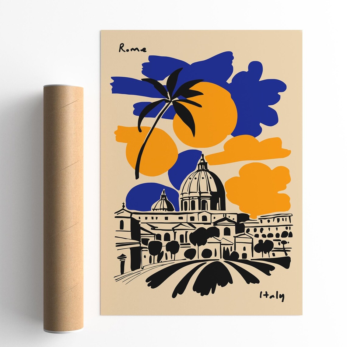 Rome Italy Saint Peters Basilica Blue Orange Sky Travel Poster