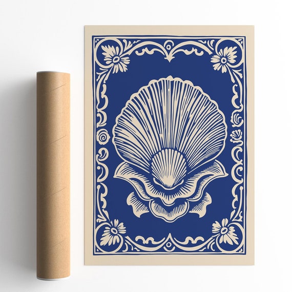 Blue Indigo Seashell Print Vintage Rococo Floral Art Print Nature Wall Decor Botanical Nautical Wall Art Laundry Room Bathroom Decor