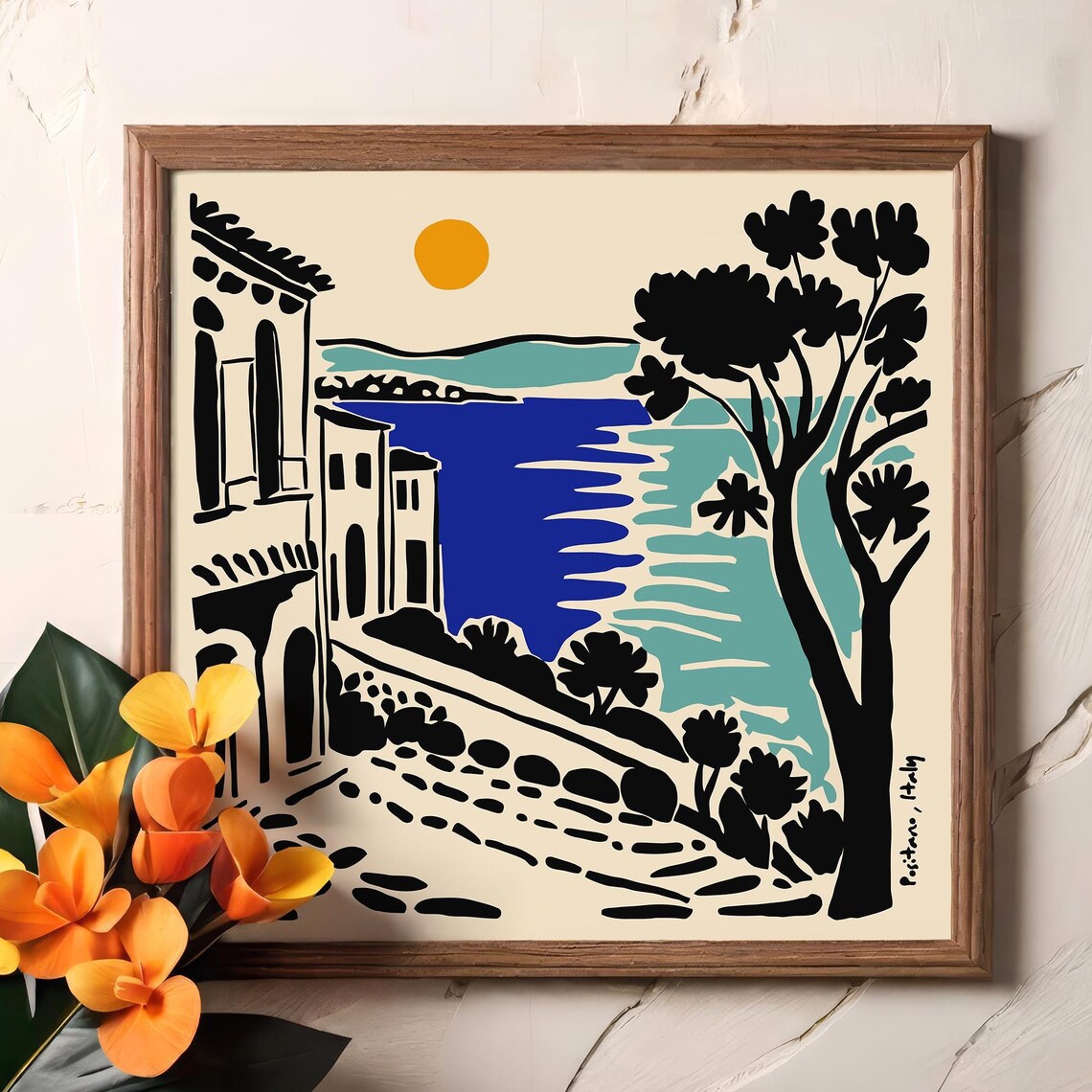 Positano Italy Coastal Street Blue Sea Linocut Travel Art Poster