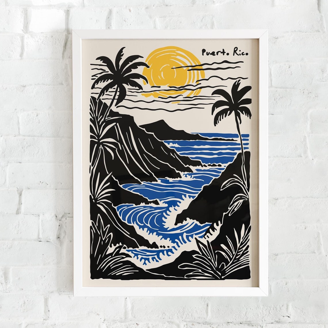 Puerto Rico Tropical Sunset Blue Waves And Cliffs Travel Poster