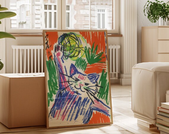 Playful Cat Reaching For Ball Colorful Abstract Art Cat Poster