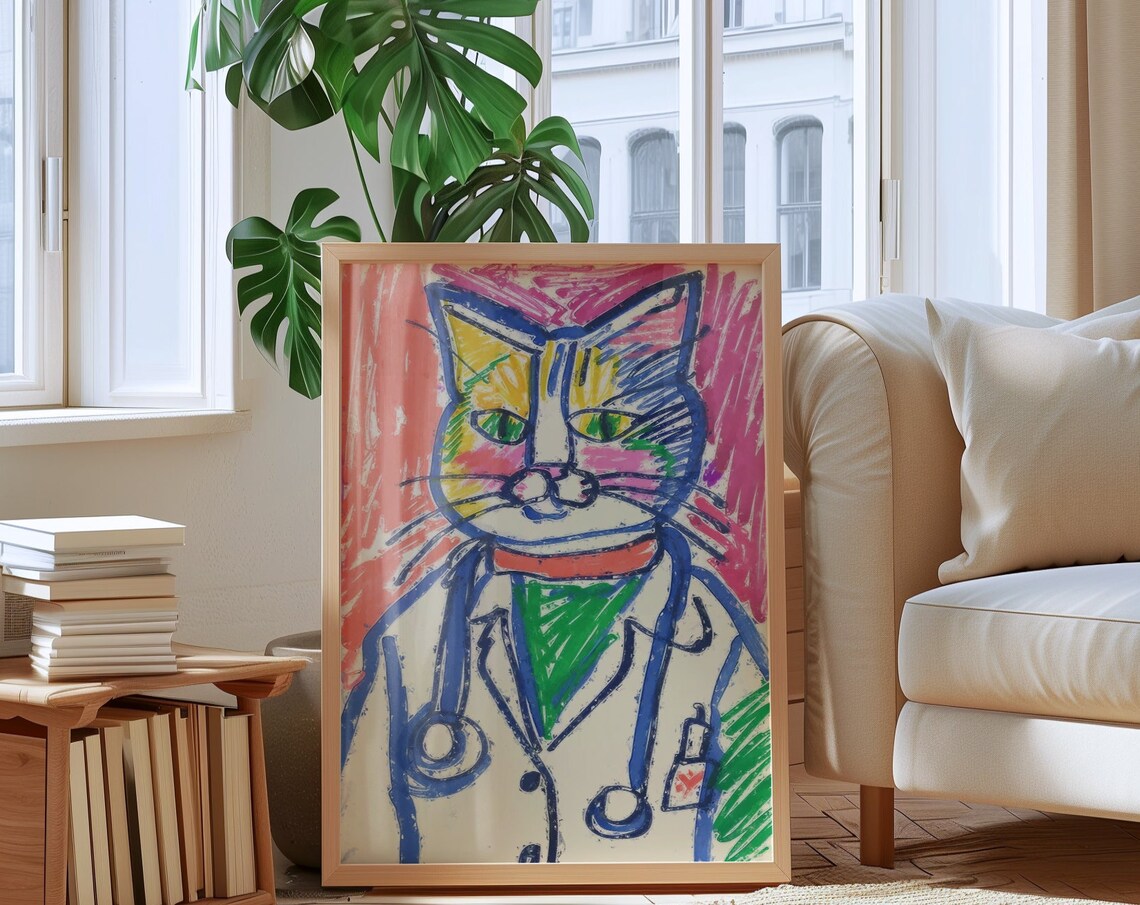 Colorful Doctor Cat In White Coat With Stethoscope Quirky Medical Poster