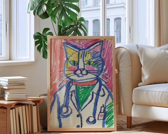 Colorful Doctor Cat In White Coat With Stethoscope Quirky Medical Poster