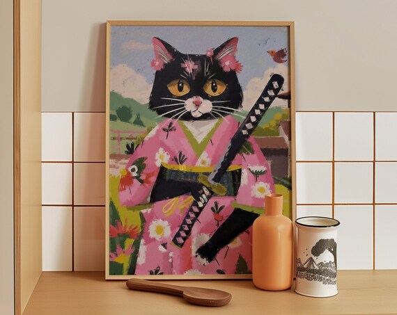Black Cat Samurai In Pink Floral Kimono Japanese Warrior Art Poster