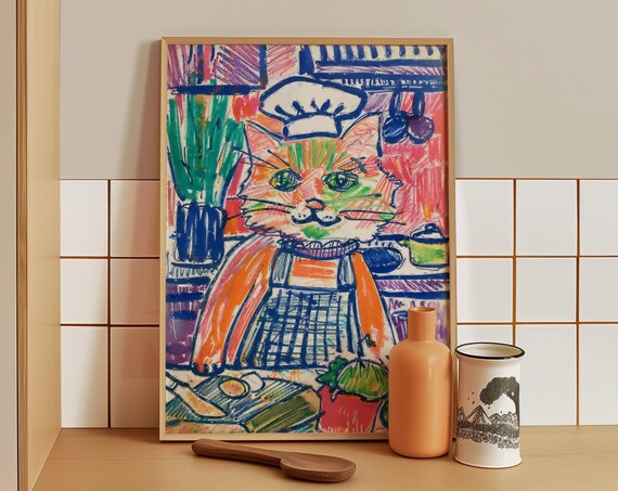 Funny Chef Cat In Kitchen Hat Apron Cooking Culinary Art Poster