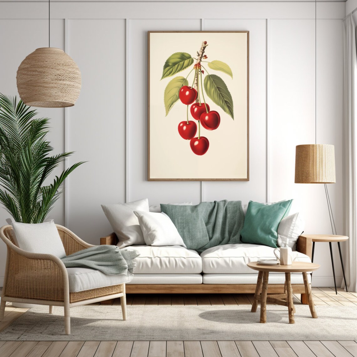 Vintage Cherries Lithograph Print Retro Cherry Painting Cherry Fruit Artwork Wild Cherries Print Cottagecore Kitchen Wall Art - Image 2