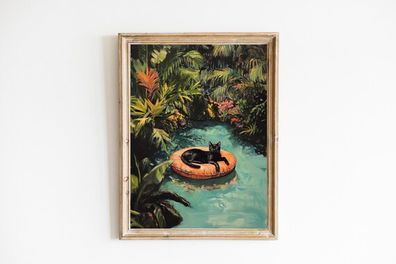 Black Cat Tropical Pool Float Funny Quirky Cat Painting Poster