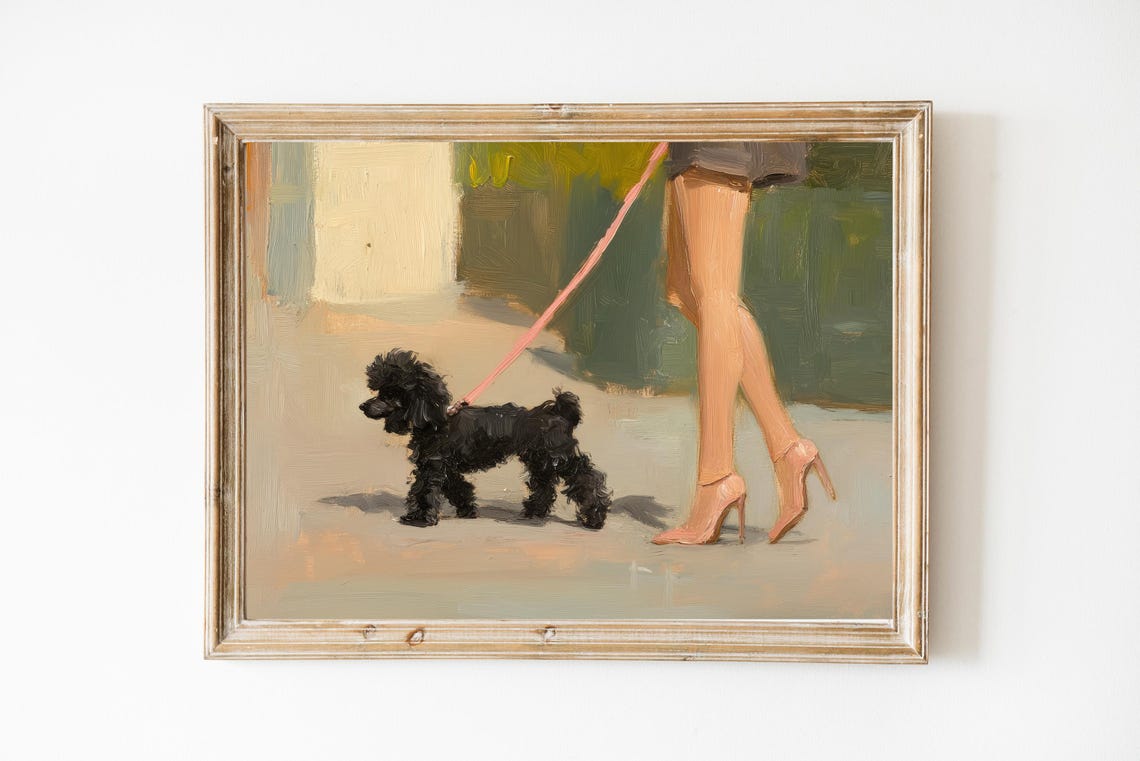 Black Poodle Walking Paris Street Chic Dog Oil Painting Art Poster