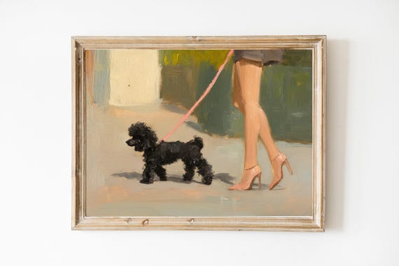 Black Poodle On City Walk Fine Art Print Wall Girly Pink Cute Quirky Whimsical Mom Gift Trendy